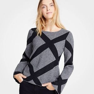 Ann Taylor Gray Enlarged Plaid Bell Sleeve Sweater